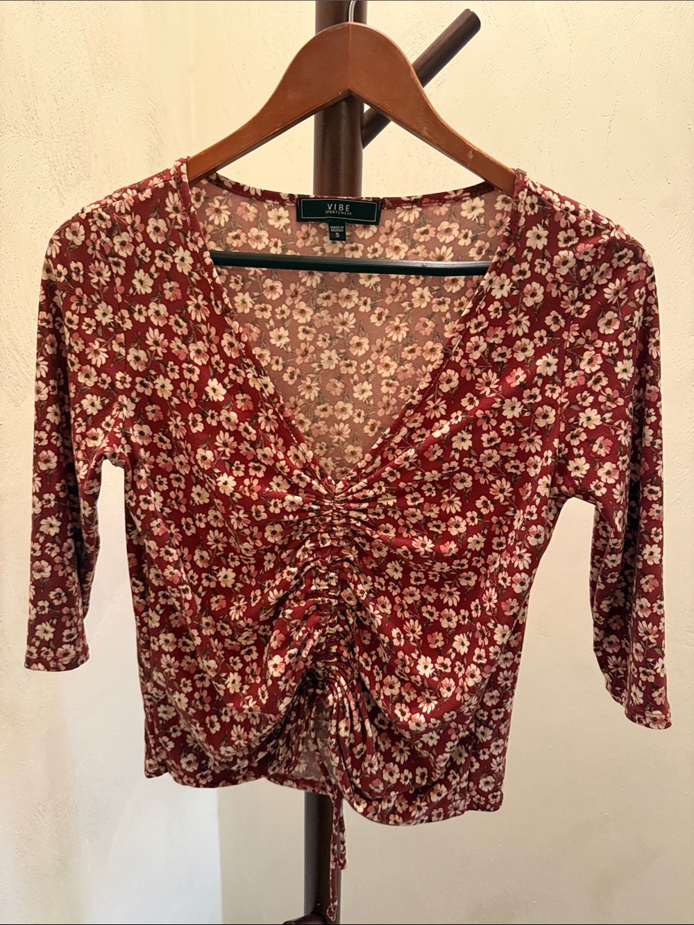 Vibe Wine Floral Ruched V-Neck Blouse
